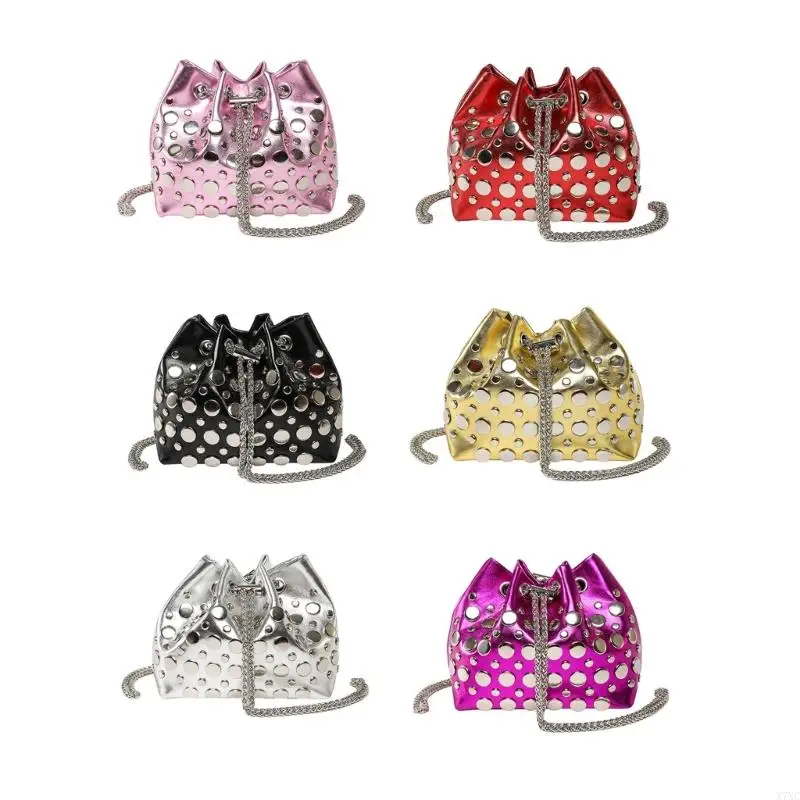

X7XC Stylish Mini Crossbody Bag With Metallic Chain PU Leather Shoulder Bucket Purse