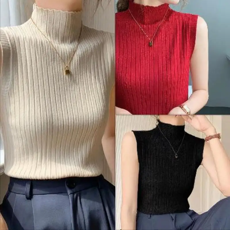 Sexy Knitted Tank Tops Women Slim Half High Neck Base Sleeveless Vest