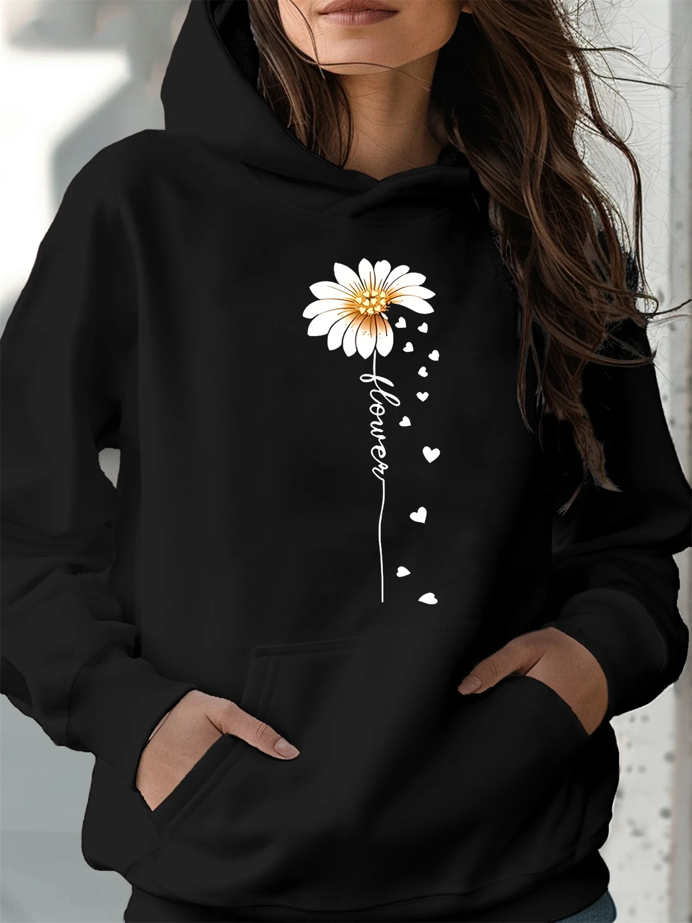 

Женская осенне-зимняя теплая и свободная повседневная толстовка с капюшоном и рукавами с принтом подсолнечника, женские толстовки