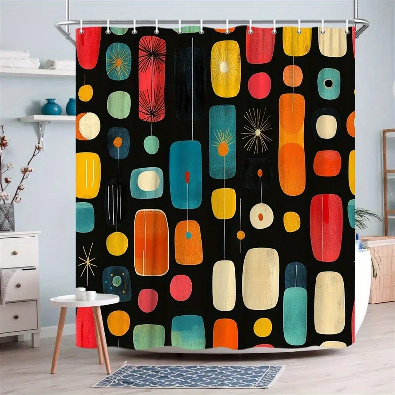 Mid Century Modern Abstract Geometric Shower Curtain Colorful Rainbow Shapes Texture Black Background with Hooks