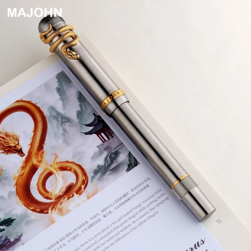 MAJOHN P137 Titanium Alloy Pen with Snake Clip 6 Size Large Nib Ink Window Piston System Stationery School Office Supplies