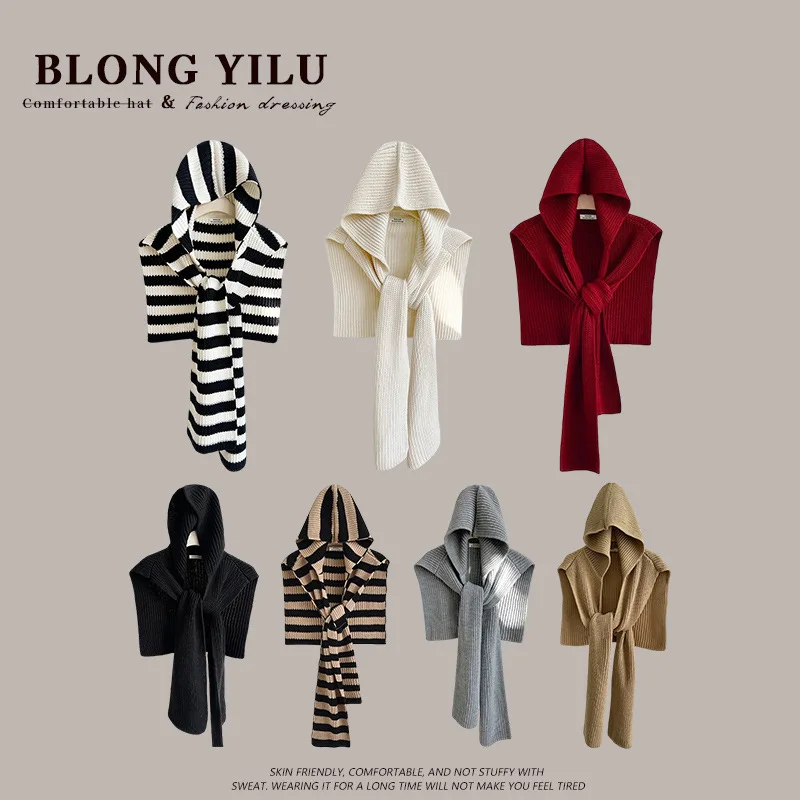 

Женский вязаный шарф с капюшоном, накидка 2025, новый полосатый дизайн, теплый шарф, шапка, цельная защитная шаль для шеи для холодной погоды