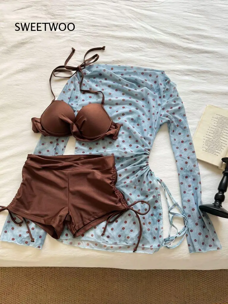 Women Three Piece Swimsuit Set Halter Bikini Top Shorts Bottom With Off Shoulder Long Sleeve Cover Up Swimwear For Beach
