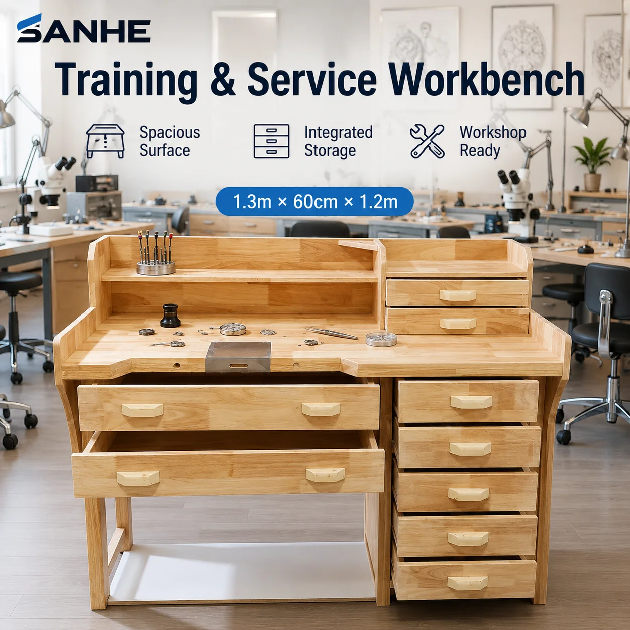 Solid Wood Workbench with Bearing Core Components for Jewellers Tools Equipment
