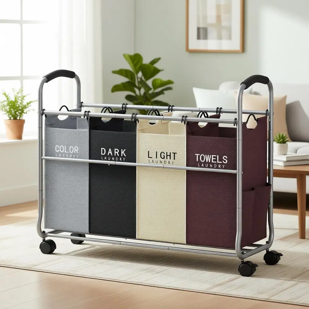 

4-Section Heavy-Duty Rolling Laundry Hamper with Removable Bags