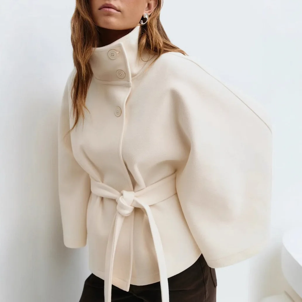 Autumn Winter Women's Fashion Long Batwing Sleeve Solid Single Breasted Cape Coat Outfits Stand Collar Lace Up blend fiber Coat