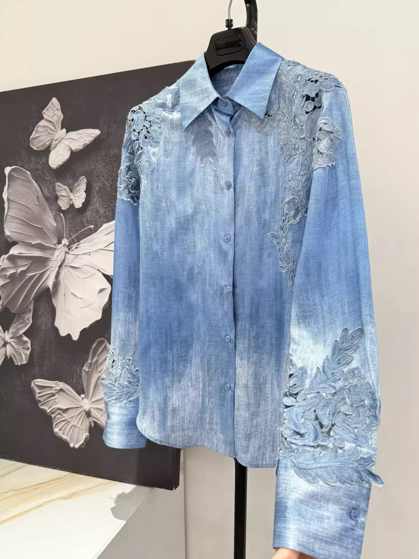 

2026 Spring/Autumn Runway Clothes Elegant Office Ladies Silk Shirt Fashion Women's Blue Lace Blouse