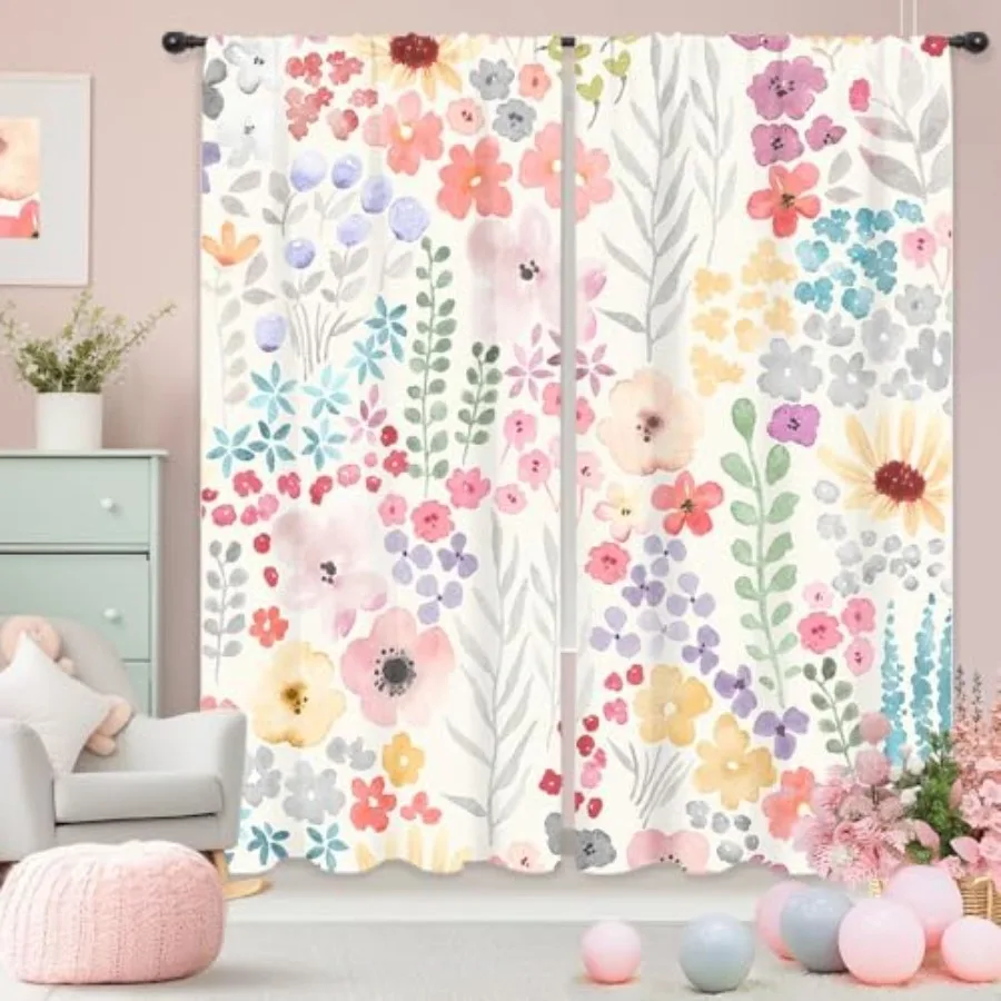

Floral Curtains Pink Wildflower Cute Boho Flower Plant Leaves Botanical Trendy Rod Pocket Pretty Aesthetic for Girls Bedroom Li
