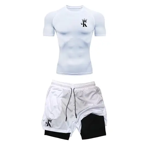 2 in 1 Shorts Compression T Shirt Men's Sport Suits Quick Dry Running Sets Tracksuit  Gym Training The King In Running Shorts