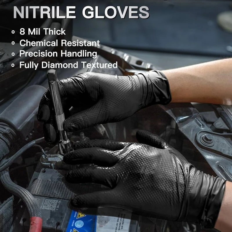 8Mil سميكة الثقيلة قفازات العمل السلامة الماس محكم أسود برتقالي قفازات النتريل المتاح قفازات ميكانيكي السيارات الصناعية