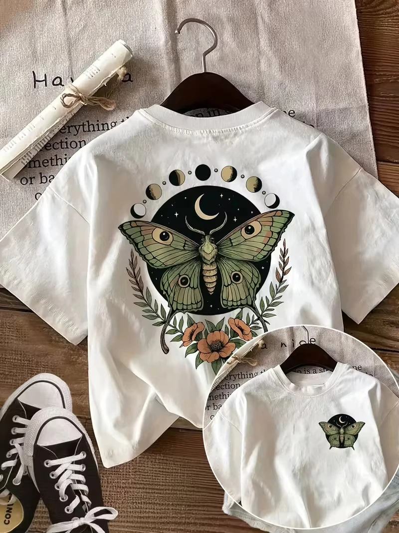 Luna Moth Sunflower Crescent Moon Graphic T-Shirt ,Casual Crew Neck Short Sleeve,Boho Celestial Botanical Print,Casual Daily Top