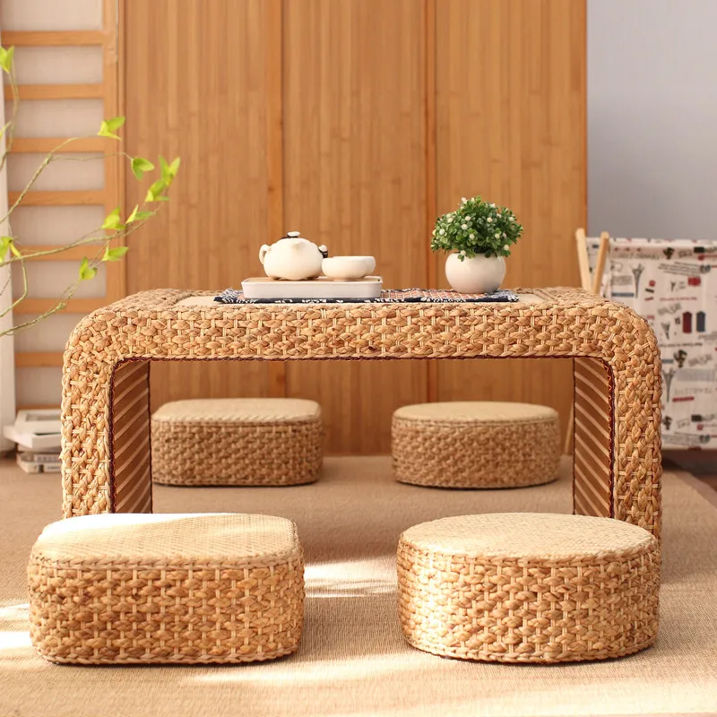 New Premium Sturdy Round Rattan Woven Stool with Solid Wood, Japanese Tatami Creative Floor Cushion for Balcony, Window and Home