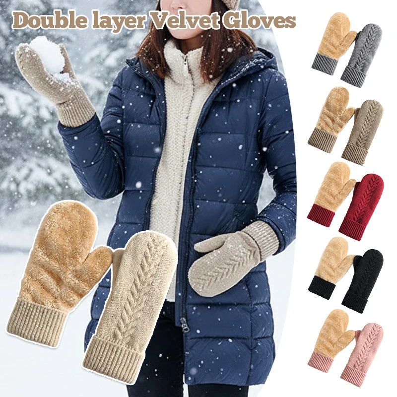 

New Knitted Gloves Warm Winter Double Layer Thickened Solid Color Soft Warm Cover Gloves Interior All Fingers Gloves Outdoor Use