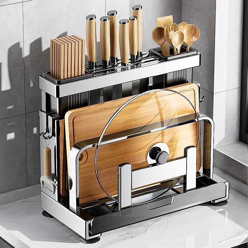 Stainless Steel All-in-One Knife Shelf with Chopstick Holder & Cutting Board Rack