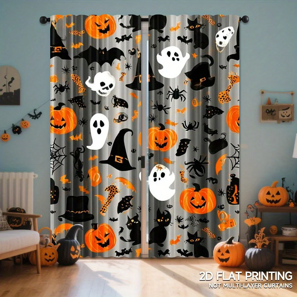 Halloween Pumpkin Curtain, Cute Ghost Bat Window Drape, Spooky Party Blackout Panel, Kids Bedroom Living Room Decor