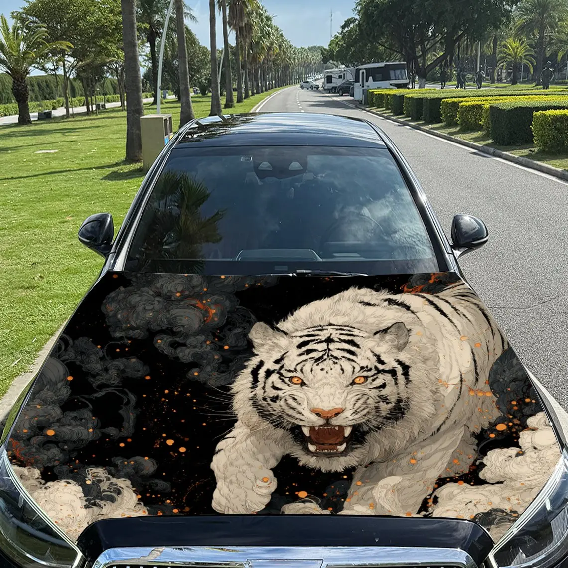 

Dark Fire Fierce White Tiger Print car hood stickers, waterproof self-adhesive, scratch resistant, easy to stick, durable car PV