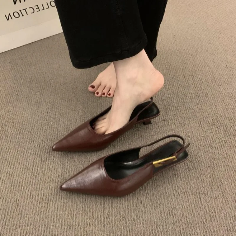

Summer Pointed Toe Women Sandals Fashion Singbacks Mules Shoes Ladies Elegant Low Heel Stripper Party Sandalias，French Vintage