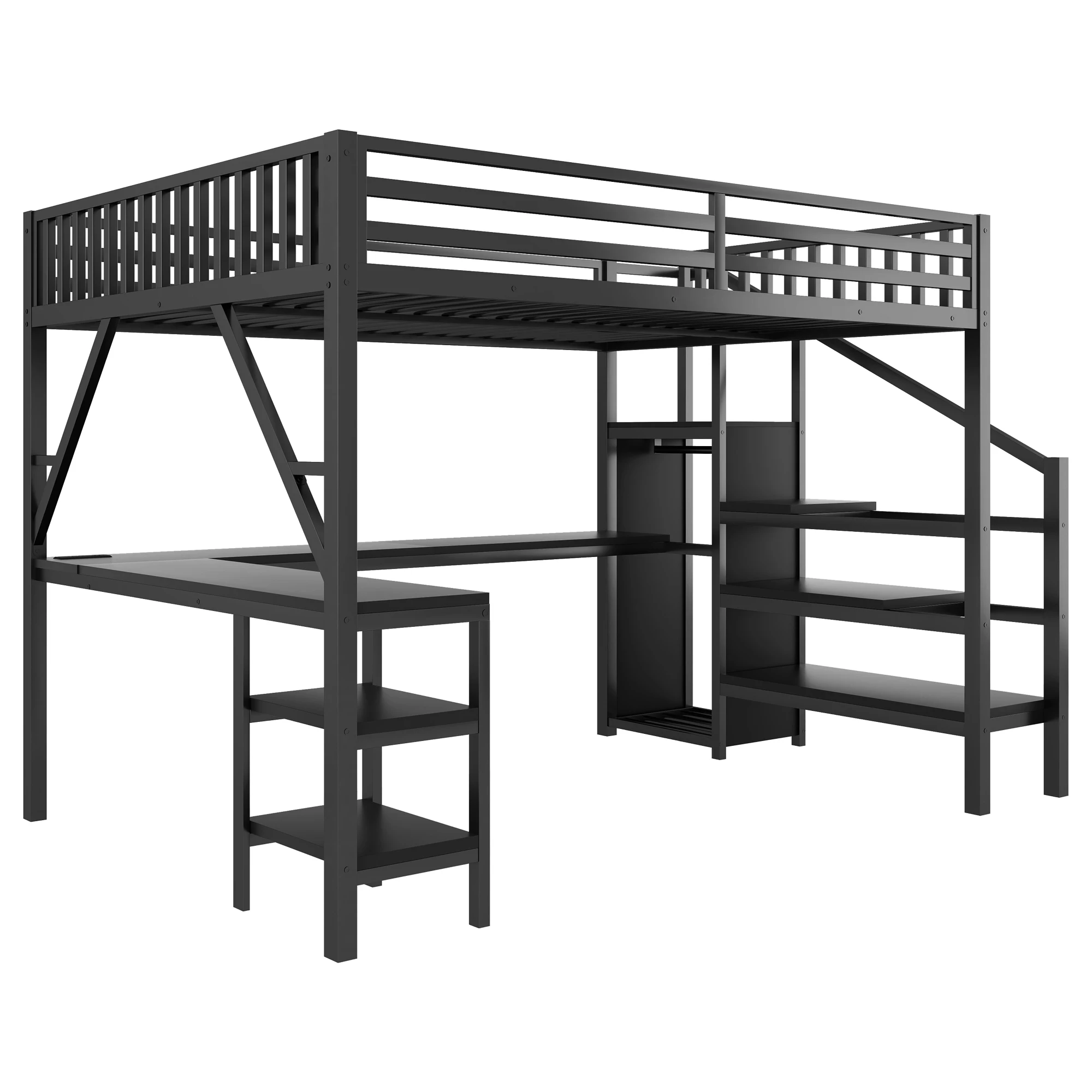 

# Adjustable Metal Queen Loft Bed With Wardrobe LED Light L-Shaped Desk USB Home Furniture For Kids Teens Adults Black