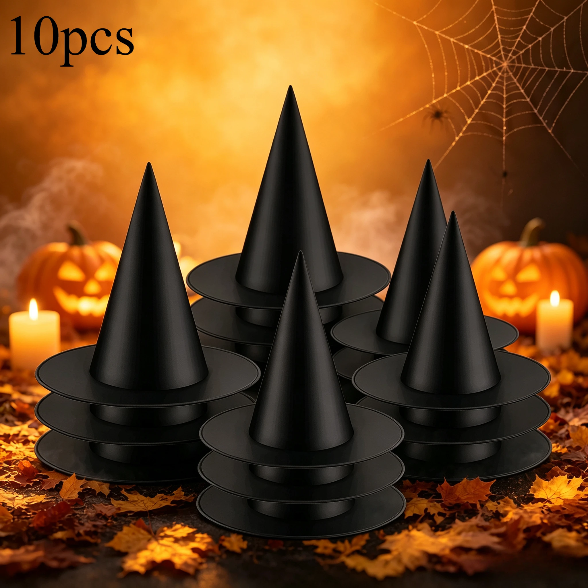 10pcs Black Pointed Witch Hats, Classic Wizard Costume Hat For Halloween Party Masquerade Cosplay,Pumpkin Spider Web Scene Decor