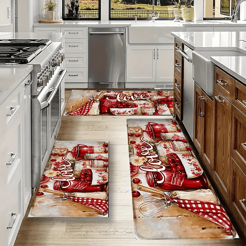 VIKAMA Set Christmas Kitchen Floor Mats Non Slip Washable Retro Red Utensil Cherry Runner Rug for Family Xmas Holiday Decor