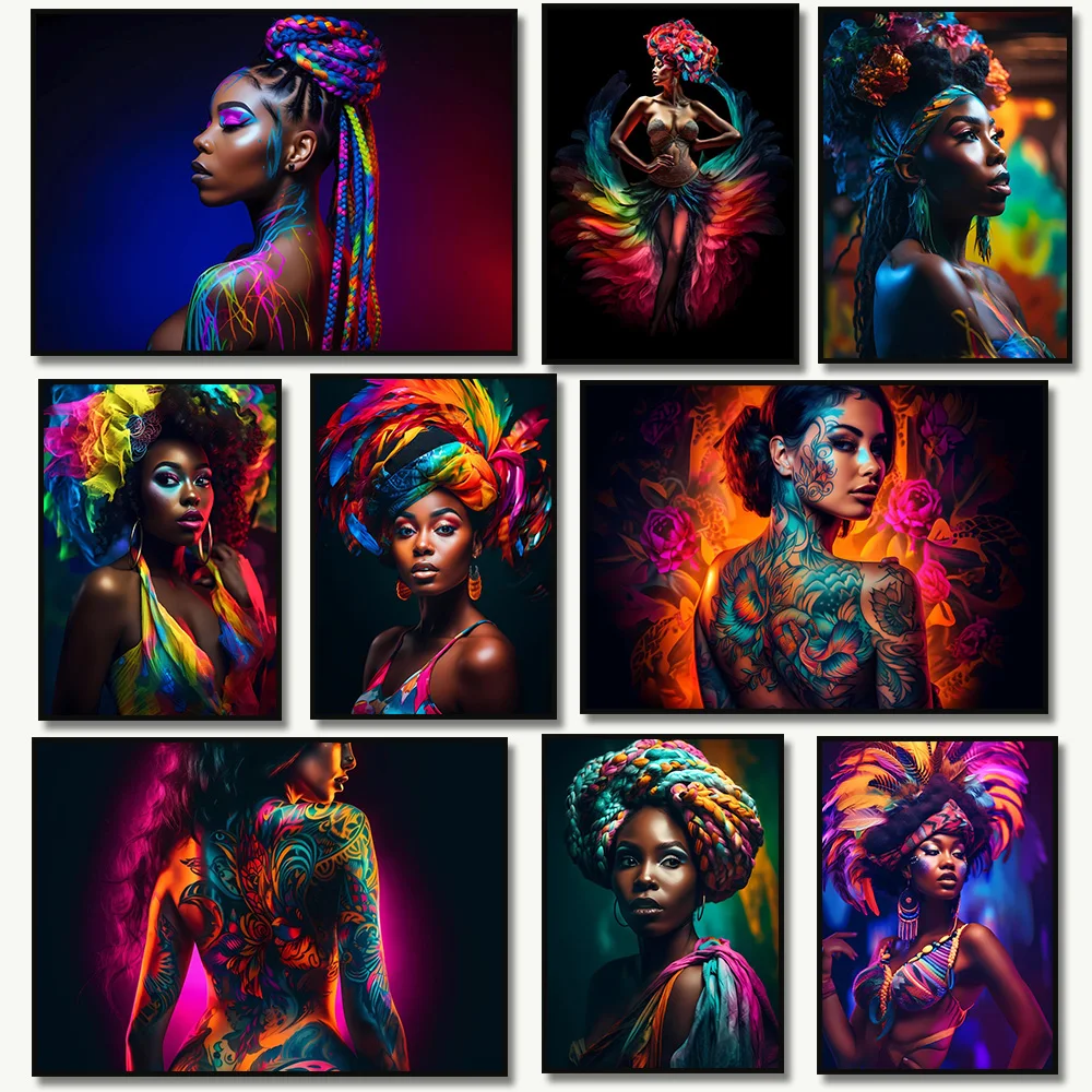 1pc Frameless Canvas Sexy Tattooed Women with Black Colored Braids African Model Poster Print for Living Room Home Cuadros