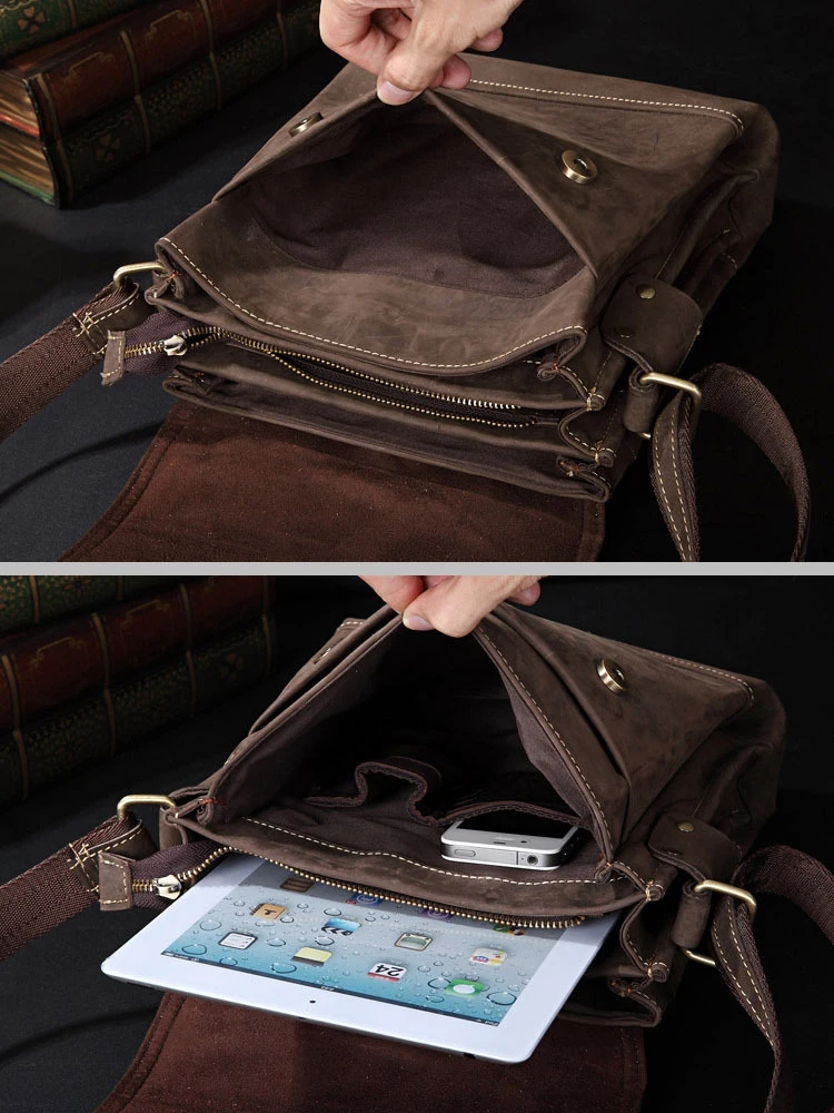 Vintage Crazy Horse Genuine Leather Men's Messenger Bag Real Leather Shoulder bags for Men Crossbody Bag for IPAD Case Fashion view 6