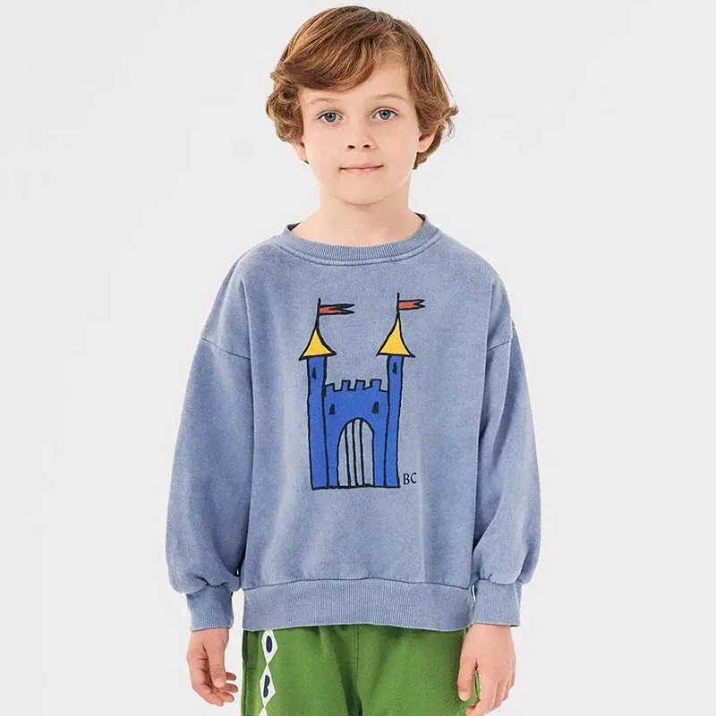 Child Sweatshirts 2024 Autumn Collection New Boys and Girls Blue Round Neck Pullover Printed Tops Baby Warm Clothes