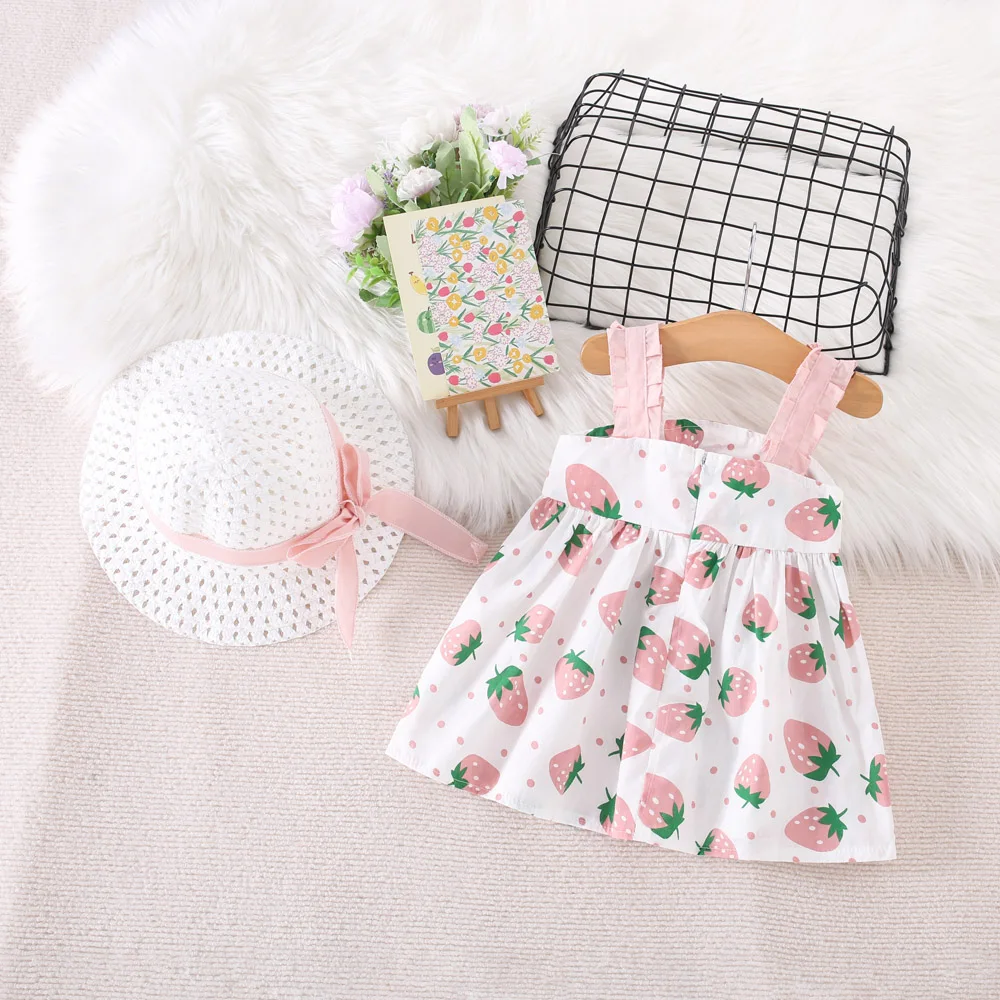 Summer 2/Piece Girls\' Dress Hat Baby Girl Pleated Sleeveless Strawberry Print Big Bow Decoration Beach Dress