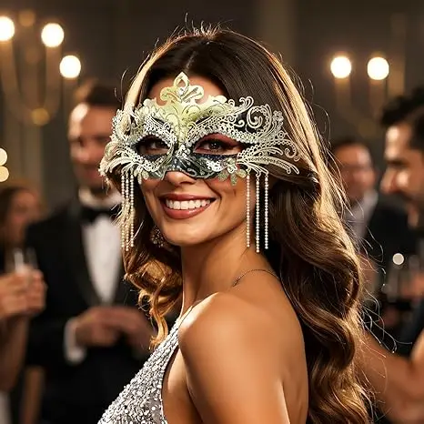 Rhinestone Metal Half Face Venetian Mask with Feather Fringe Chain Shiny Masquerade Mask for Halloween Party Couples Women Men