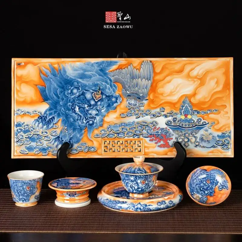 Xunzhen Tang Chen Tong's Work/Jingdezhen Blue White Porcelain Alum Red Gold-Painted Pixiu King Treasure Bowl Tea Set With Lid