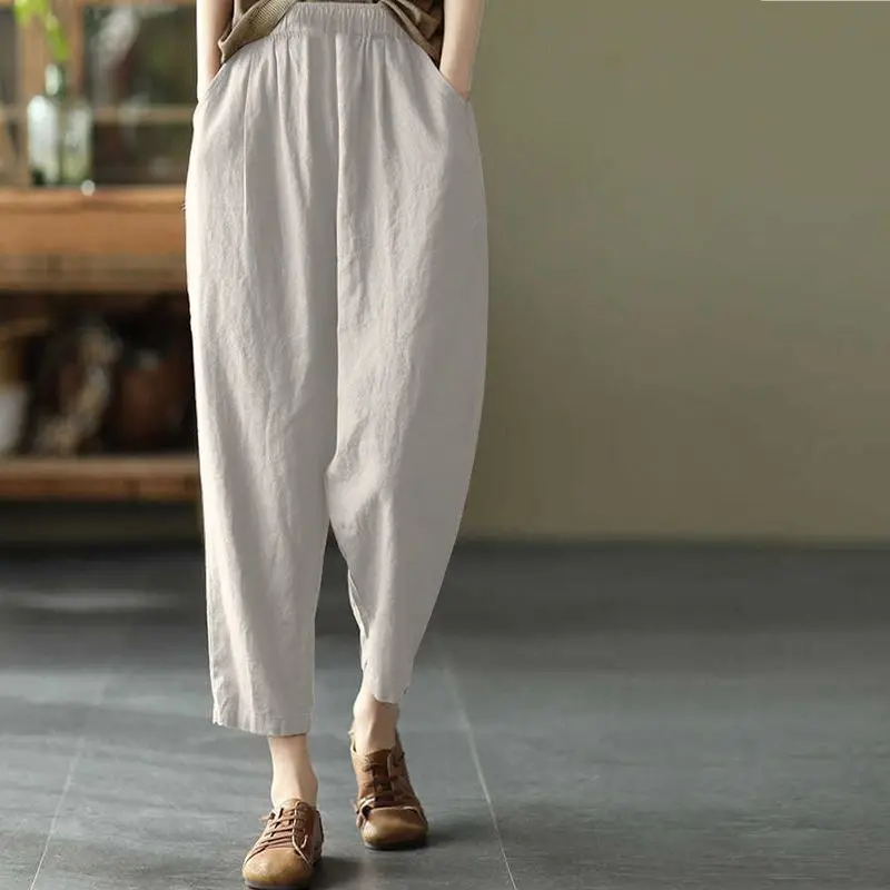 

Pure Cotton Vintage Women 2024 Summer New Solid Color Elastic Waist Harlan Pants Loose Large Size All-match Casual Trousers