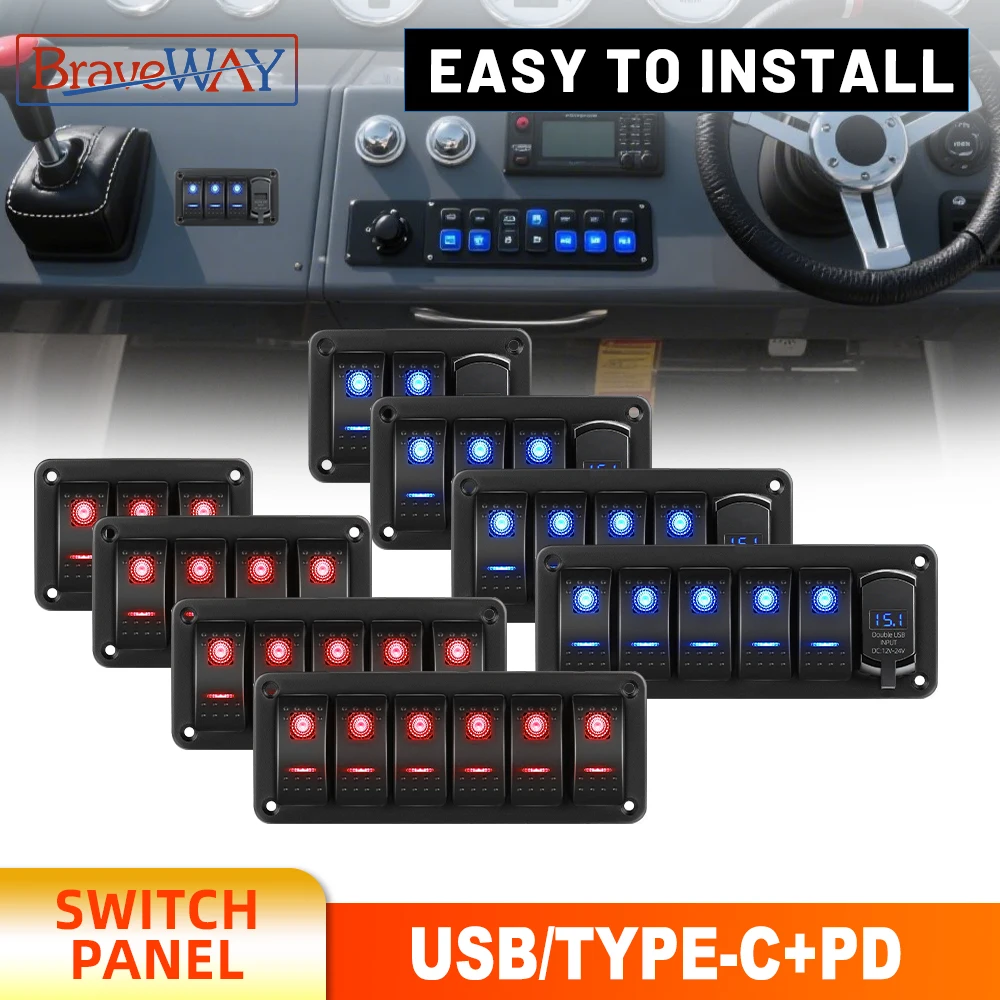 Rocker Switch Panel for Car/ATV/UTV/OFFROAD/RV with USB/Type-C+PD, Auto Switch 12V