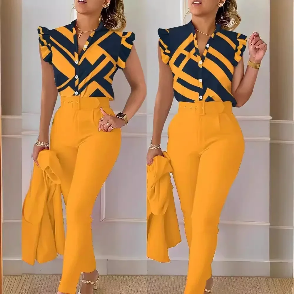 Bedrukte ruches mouw single-breasted nieuwe casual mode slim-fit top en effen kleur broek met riem pak dames