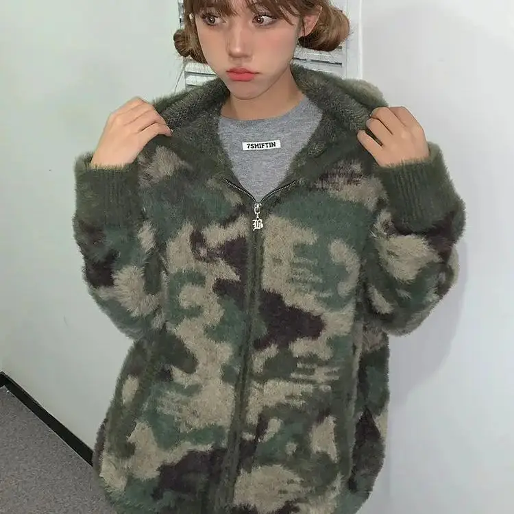 

Sweater Hooded Cardigan Sense Of Luxury Camouflage Streetwear Women Coat Winter Clothing Casual Knitting Sweater Korean Cardigan