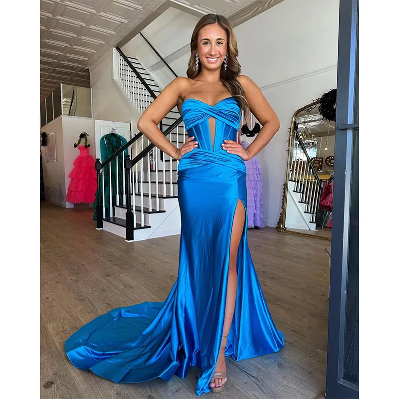 Vestido de fiesta de sirena azul Lago, vestidos de noche formales sin tirantes, elegantes vestidos divididos hasta el muslo para ocasiones especiales