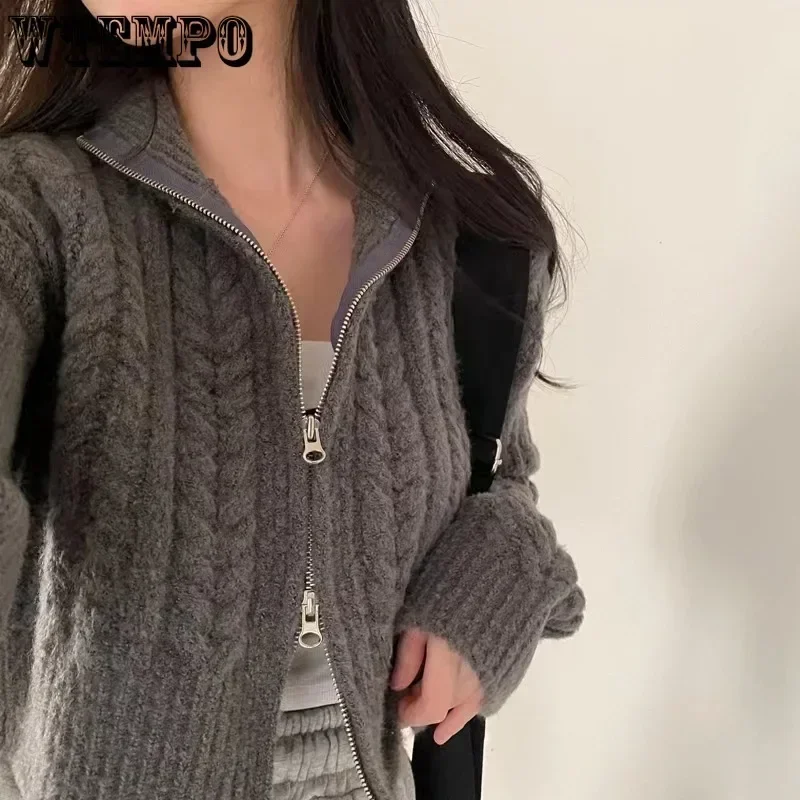 WTEMPO Fall Winter New Korean Vintage Double Zipper Sweaters Women Solid Color Elegant Short Sweater Coats Knitted Cardigans