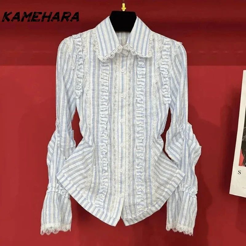 

KAMEHARA College Style Korean Style Design Patchwork Striped Long Sleeved Shirt Women's Spring Fashion Versatile Tops Base Layer