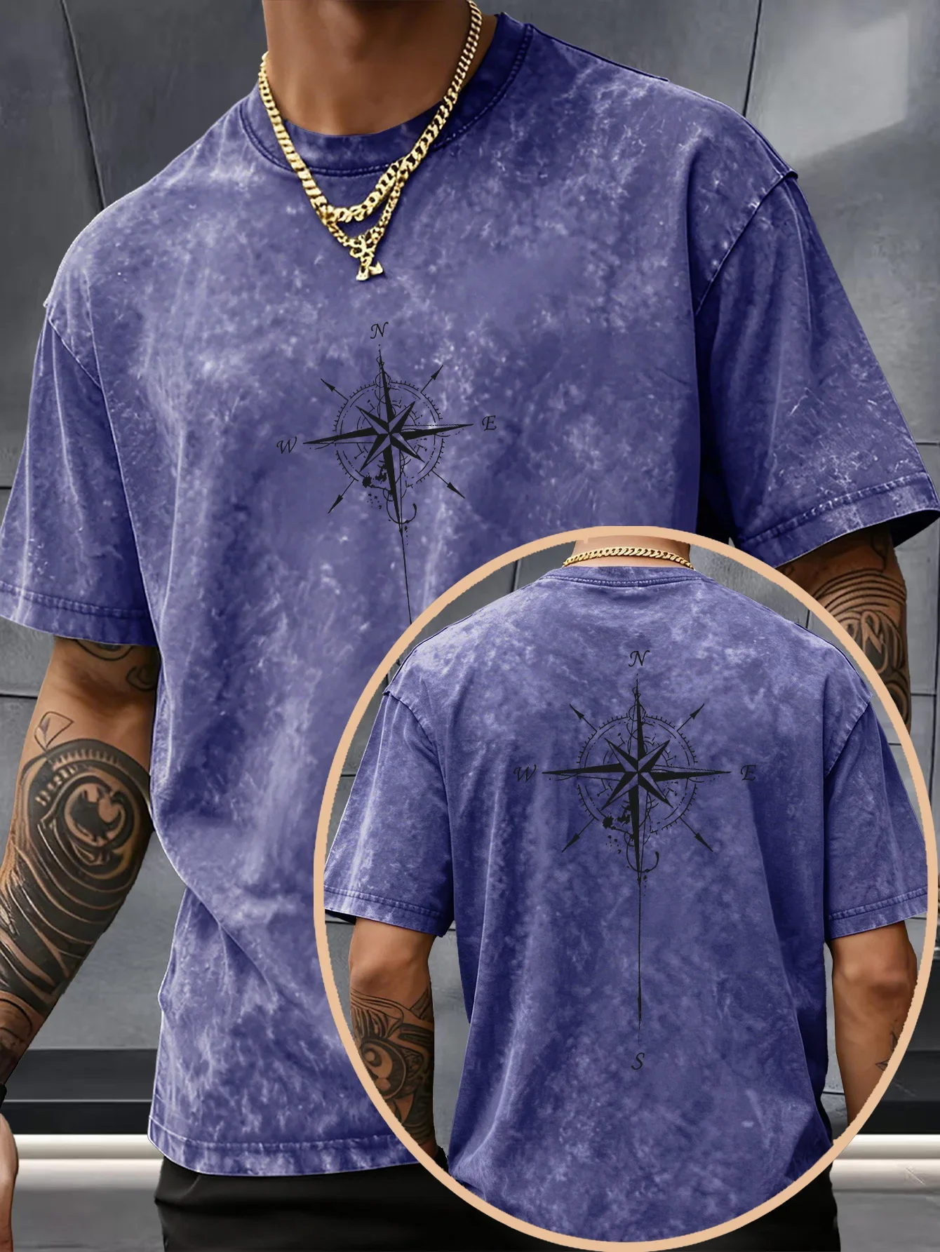 Men Washed Vintage Cotton Drop Shoulder T-shirt, Compass Anchor Line Print American Couple Tee for Daily Street Outfit S-3XL