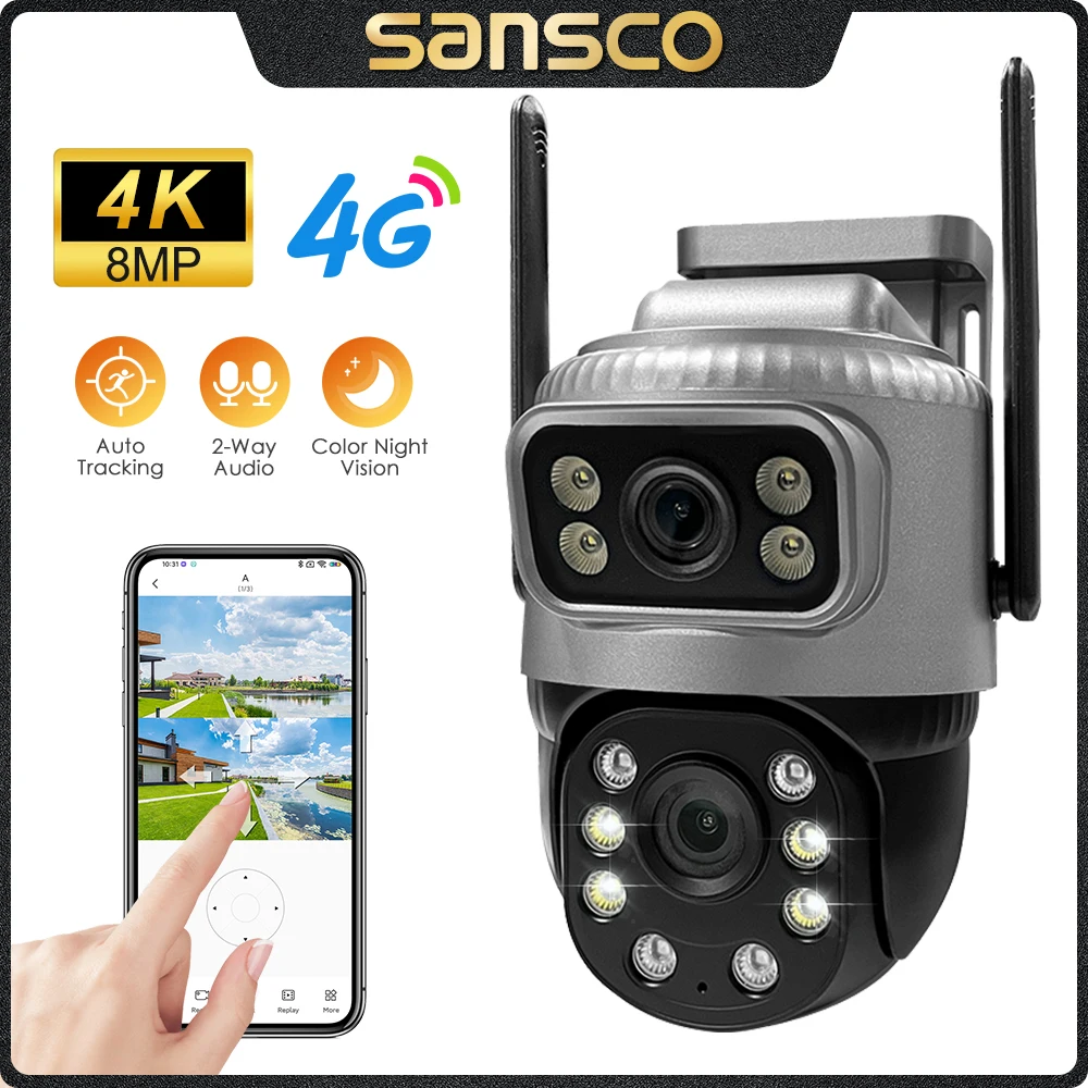 SANSCO 4K 8MP Dual Lens 4G PTZ Camera Dual Screen AI Human Tracking Outdoor 4MP Wireless WIFI Surveillance IP Camera V380 PRO