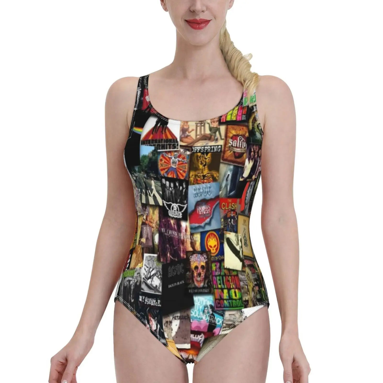 In One Place One-Piece Swimsuit Women Sexy Monokini Bathing Suits New Girl Beach Swimwear Music Album Band Bands Collage Mix