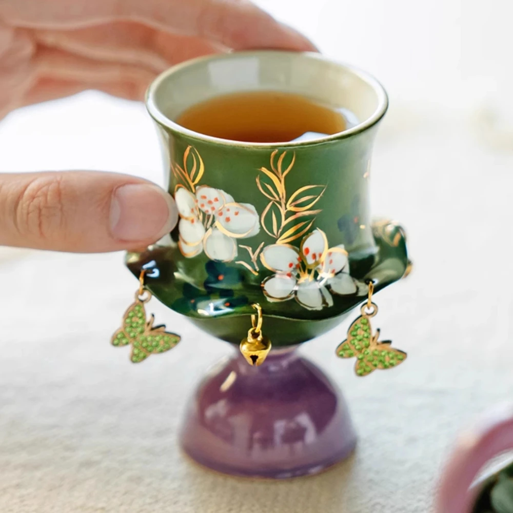 High-legged Teacup Ceramic Handcrafted Emerald Master's Cup Home Hand-painted Jasmine Flower Elegant Teacup High-end Tasting Cup