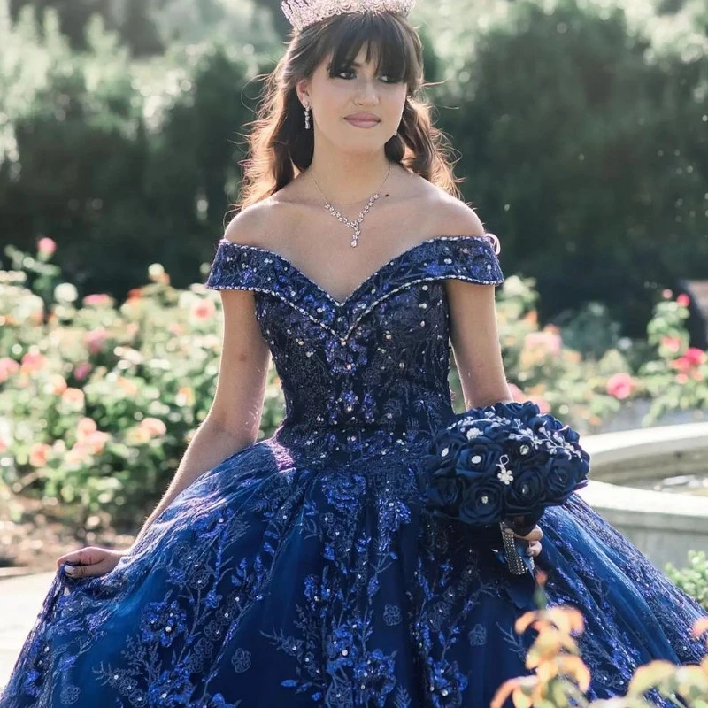 Sparkly Princess Navy Blue Off Shoulder Quinceanera Dresses Sweetheart Lace Applique BeadsSweet 16 Ball Gown Vestidos De 15 Años