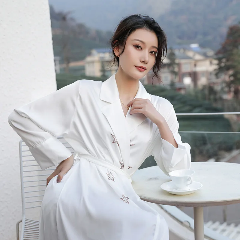 White Bride Wedding Robe Spring Summer Silk Satin Nightdress Sleepwear Elegant French Print Sleepshirt Loose Bathrobe Home Dress