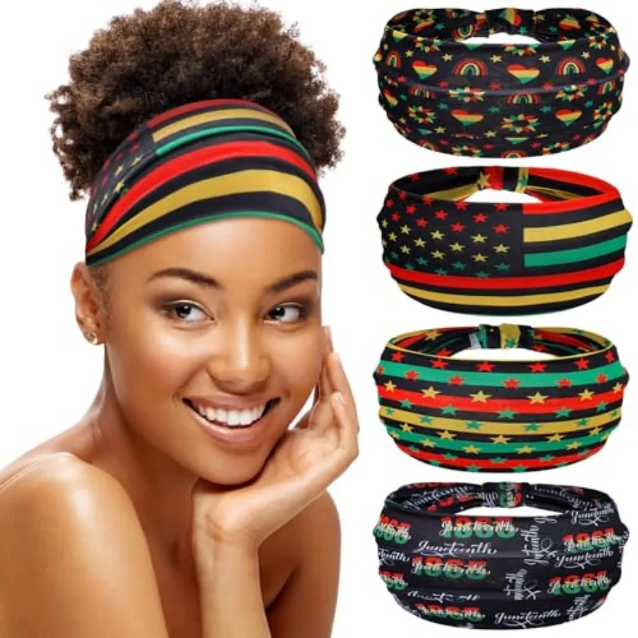 

4 Pack Juneteenth Headbands for Women African Hair Accessories Wide Knotted Elastic Headband African Red Black Yellow Green Hai