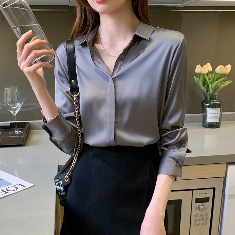 Gray Silk Polo Neck Long Sleeve Single Breasted Offce Lady Casual Women\'s Blouse Shirt Korean Fashion Female Clothing Tops 2024