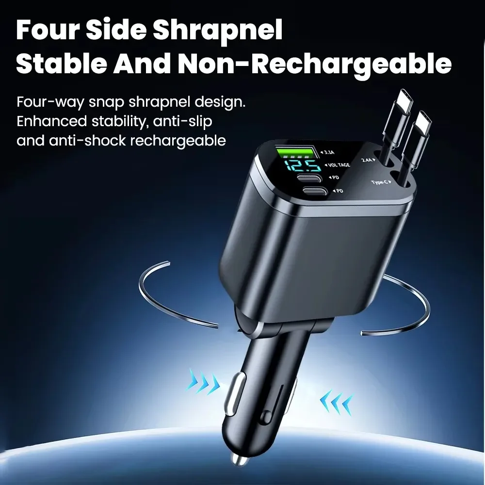 5 IN 1 Car Charger Adapter Fast Charging Type c PD with Retractable Cords Voltage Display Car Charger For iPhone Samsung Xiaomi image 4
