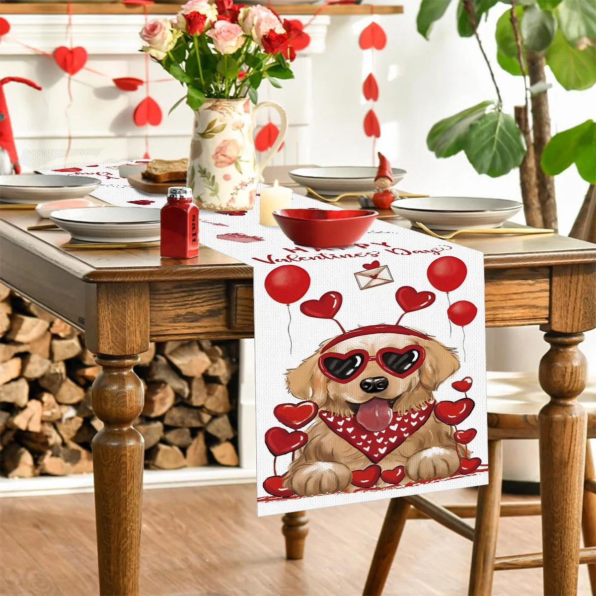 Pink Valentines Day Linen Table Runner 2