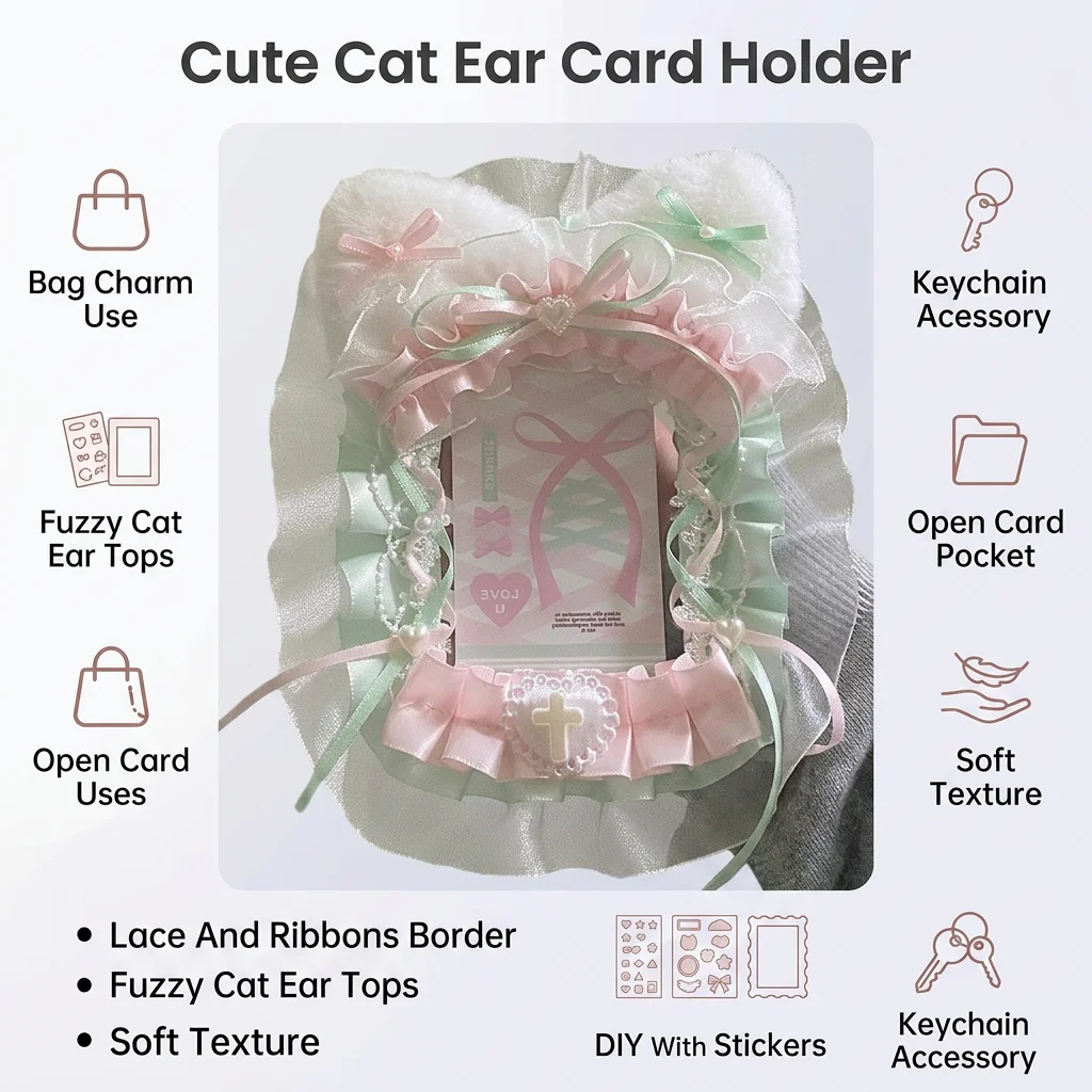Card Holder Protective Cat Ear Card Sleeve for School Bag Decoration DIY Lace Border Plastic Accessory Cute Gift Item