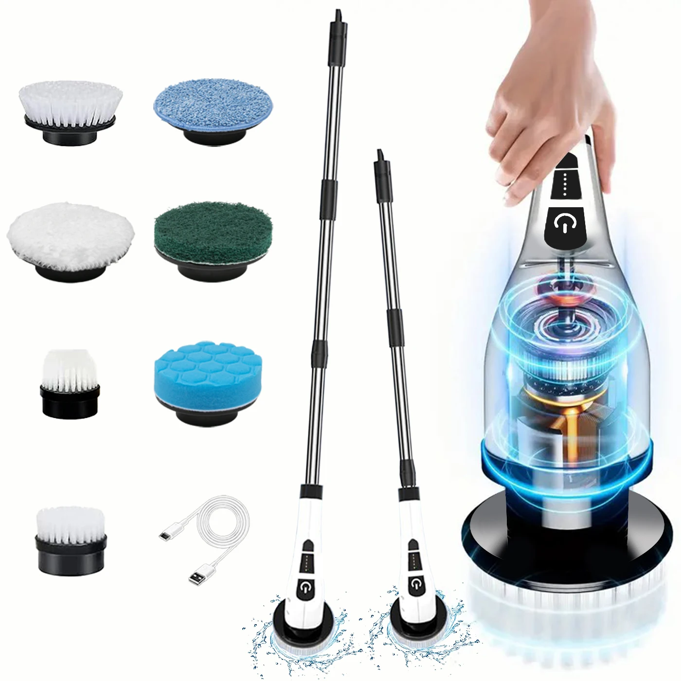 

1 комплект электрической щетки для чистки с длинной ручкой, 7 сменных насадок и портативная щетка для душевой плитки, для дивана, пола, автомобиля, кухни, спальни и т. д.