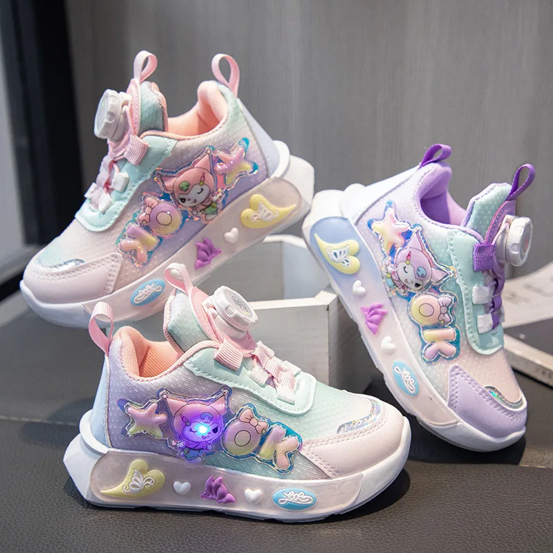 Sanrio Children's Sports Shoes Led Lights Sneaker Cartoon Cute Kuromi PU Leather Girls Boys Pink Children's Running Shoes